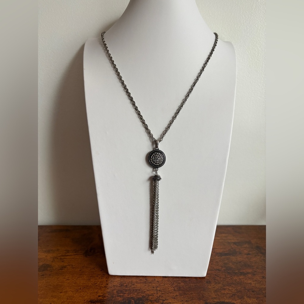 Vintage Silver Rhinestone Tassel Pendant Necklace